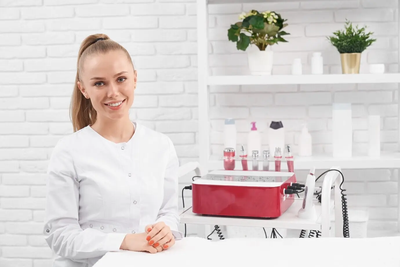 Eine Frau sitzt in einer Klinik in der Nähe spezieller Beauty-Geräte.